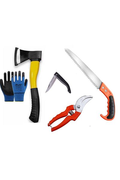 ozaslan Garden Tool Set Vineyard Pruning Shears Saw Pocket Army Knife Fiber Axe Gloves Pruning Set 5 Pieces