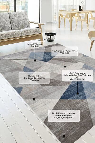 Mutlu Çeyiz Geometrik Desenli Süngerli Lastikli Kaymaz Yıkanabilir Halı Örtüsü Mc63