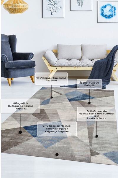 Mutlu Çeyiz Geometrik Desenli Süngerli Lastikli Kaymaz Yıkanabilir Halı Örtüsü Mc63