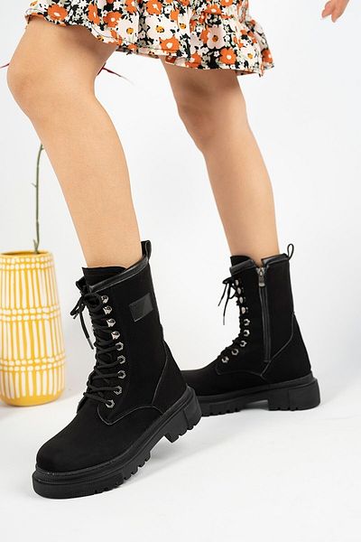 Anıl Ayakkabı Kç Women's Black Suede Thick Sole Detailed Lace Up Long Suede Boots