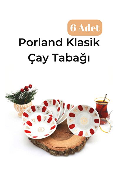 Porland 6 Lı Porselen Kırmızı-beyaz Kahveci Model Çay Tabağı Bardak Altlığı