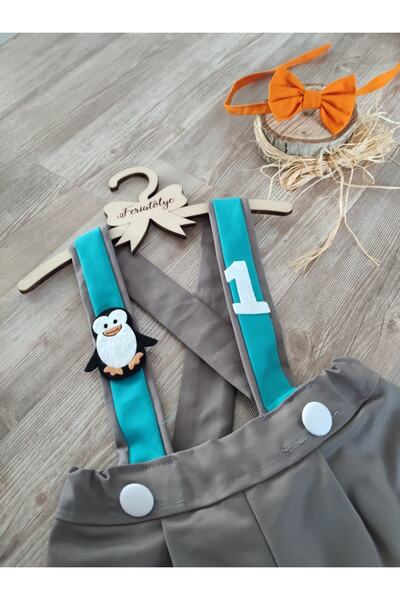 Feriatolye El yapımı Penguen Konsepti Kış Teması Gri Turkuaz Erkek Bebek Salopet