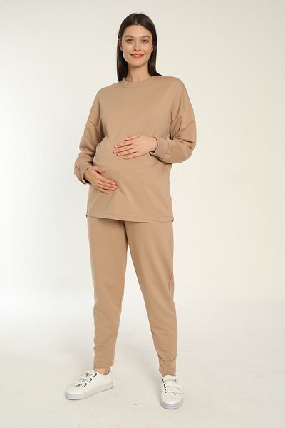 Miss Dünya Lissa Milk Brown Loose Cut Maternity and Maternity Tracksuit Set