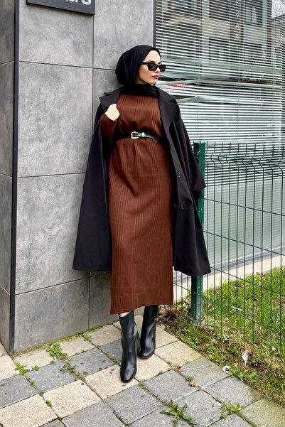 Şule Giyim Fitilli Triko Elbise Kahverengi