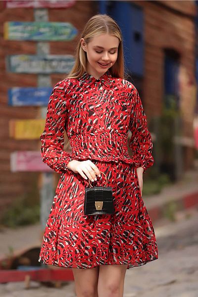 Neşeli Butik Rochie mini din șifon cu guler roșu pentru femei Rssn23