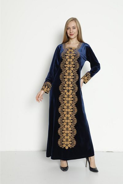 Mer's Women's Navy Blue Authentic Chest Collar Embroidery Detailed Velvet Long Dress