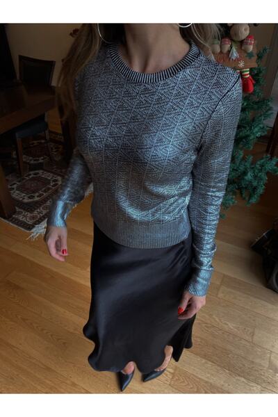 Glamorous For All Ajurlu Baskılı Gümüş Renk Kazak