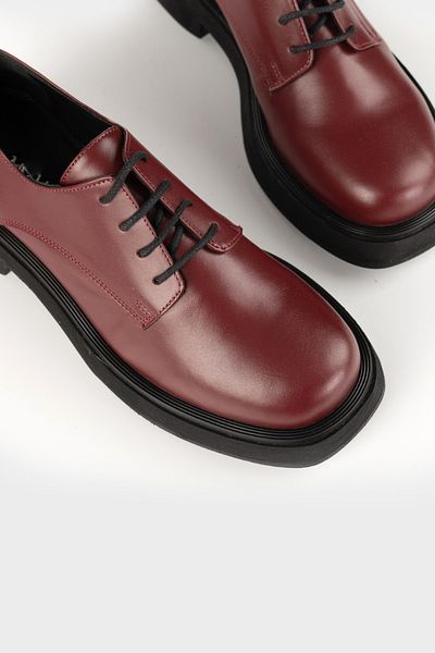 TUNAELLİ Women's Burgundy Genuine Natural Leather Lace-Up Oxford Shoes