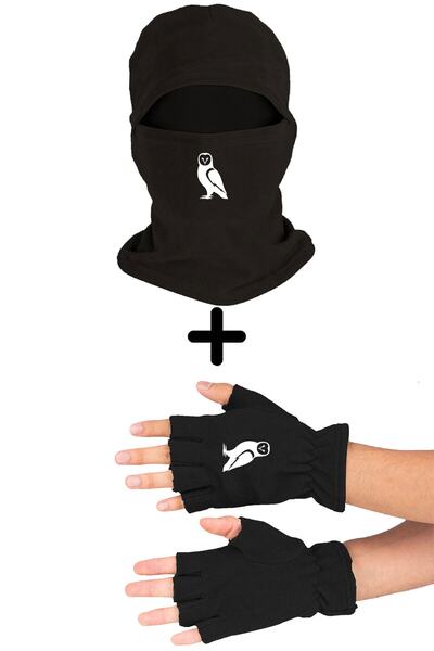 Zeron Tasarım Анімація Сова Полярна маска для обличчя Набір рукавичок з розрізом Чорний Bll831