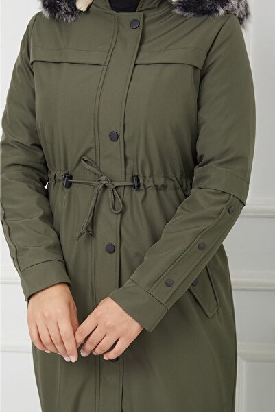 Aşkı Endam Mayda Large Size Full Length Fur Lined Coat - Khaki