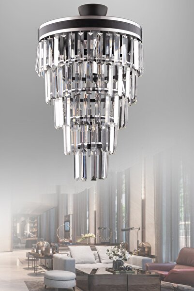 KUZEY AYDINLATMA Çağla 6 Lı Siyah Beş Katlı Kristal Modern Avize