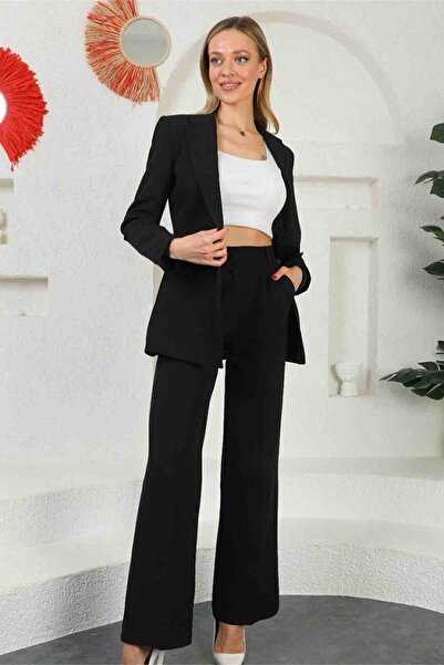 diaves original designs Siyah Kadın Palazzo Blazer Takım Elbise Tek Düğme Ceket Palazzo Pantalon
