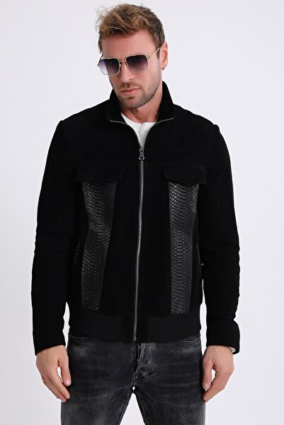 Leather Club Siyah Kroko Deri Garnili Süet Ceket