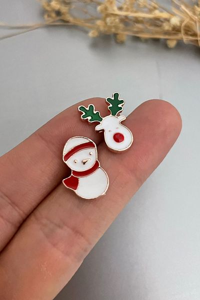Jaida Moda New Year Concept Mini Earrings with Snowman and Reindeer Figures