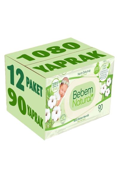 Bebem Natural مناديل مبللة للأطفال، لمسة رقيقة، 90 ورقة، مجموعة من 12 قطعة بغطاء بلاستيكي 1080 ورقة