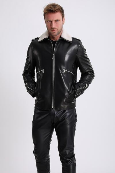 Leather Club Siyah Kürk Aksesuarlı Vejetal Deri Ceket