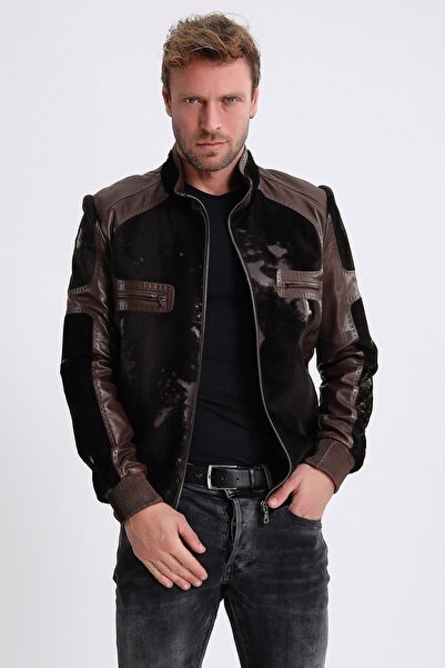 Leather Club Kahve Kuzu Kürk Garnili Deri Ceket