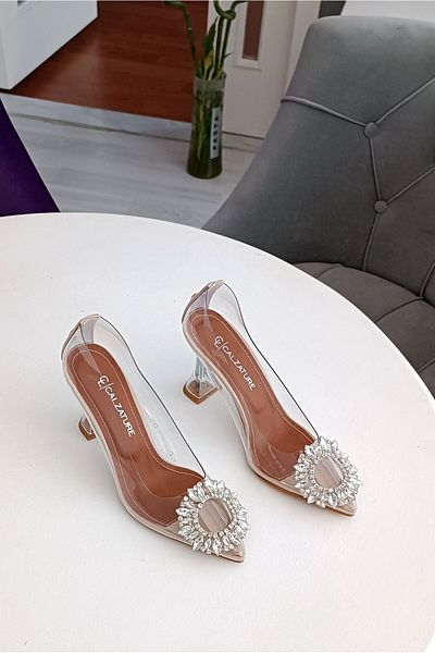 LA CALZATURE Pantofi de damă Stiletto cu toc șampanie de 9 cm cu piele transparentă și accesorii din piatră Zr