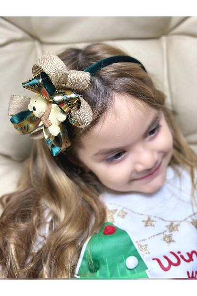 QUEEN AKSESUAR New Year's Eve Luxury Metalic Gold Teddy Bear Decorated Straw Bow Crown Women's Children's Crown