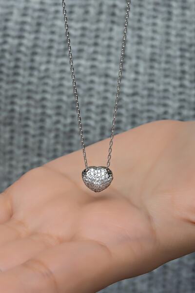 Nereze 925 Ayar Gümüş Zirkon Taşlı 3 Boyutlu Charm Kalp Kolye