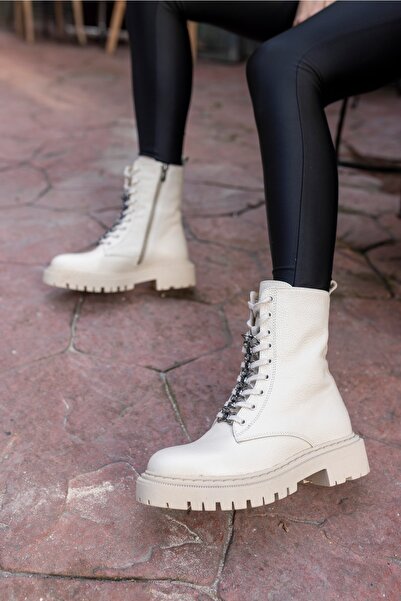 ANGELİNA JONES Cash Γυναικείες Μπεζ Μπότες από Γνήσιο Δερμάτινο Πέτρινο Λεπτομέρεια