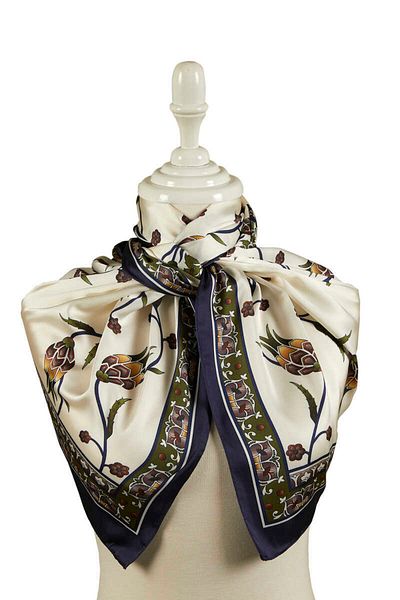 Bursa İpek Khaki Navy Blue Row Tulip Pattern Large Silky Scarf