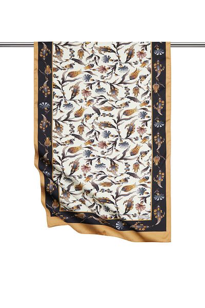 Bursa İpek Black Gold Carnation Tulip Pattern Large Silky Scarf