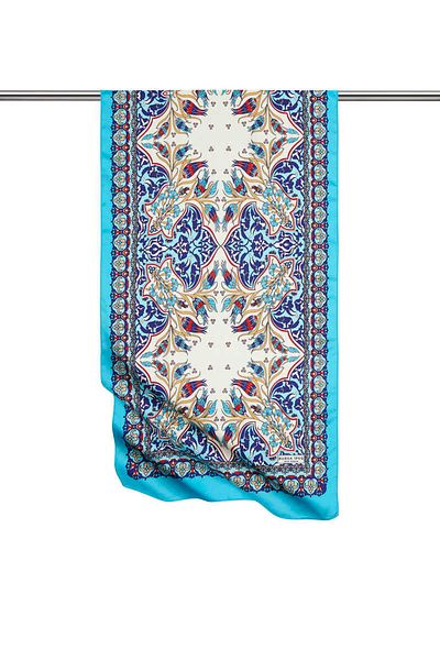 Bursa İpek Navy Blue Turquoise Tile Tulip Pattern Narrow Silky Scarf