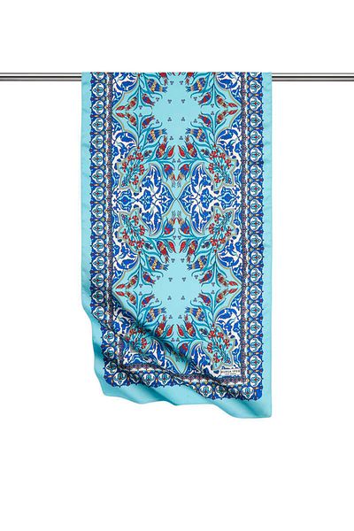 Bursa İpek Saks Blue Tile Tulip Pattern Narrow Silky Scarf