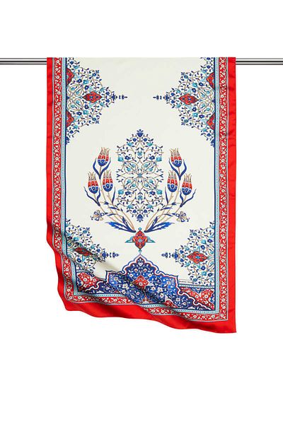 Bursa İpek Red Candlestick Pattern Large Silky Scarf
