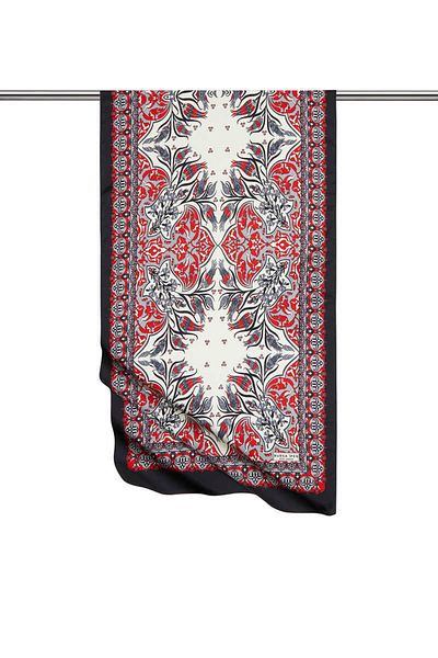Bursa İpek Red Black Tile Tulip Pattern Narrow Silky Scarf