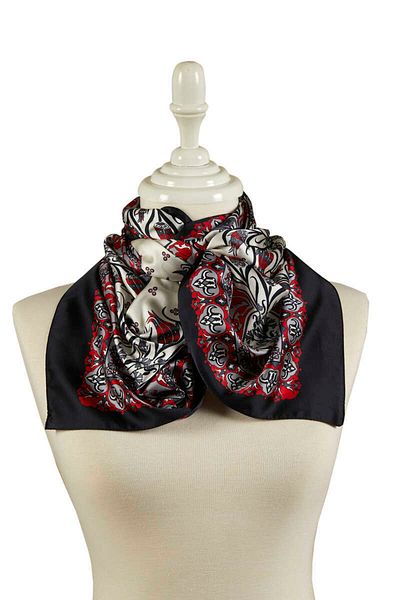 Bursa İpek Red Black Tile Tulip Pattern Narrow Silky Scarf