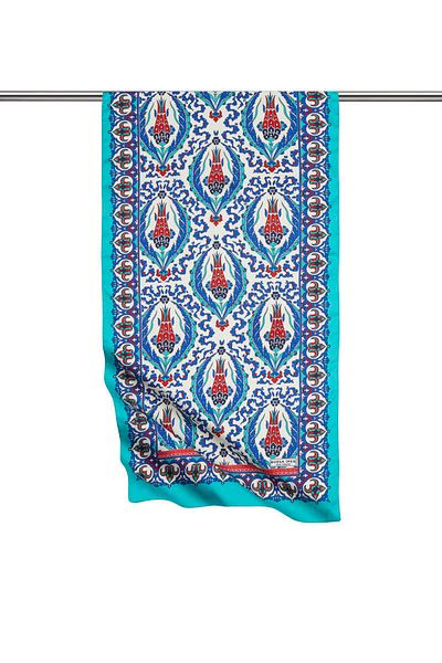 Bursa İpek Saks Navy Blue Carnation Pattern Narrow Silky Scarf