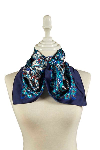 Bursa İpek Saks Navy Blue Tile Tulip Pattern Narrow Silky Scarf
