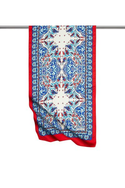 Bursa İpek Saks Red Tile Tulip Pattern Narrow Silky Scarf