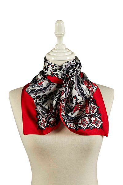 Bursa İpek Black Red Clove Pattern Narrow Silky Scarf