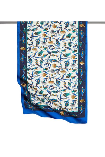 Bursa İpek Navy Blue Saxe Carnation Tulip Pattern Large Silky Scarf