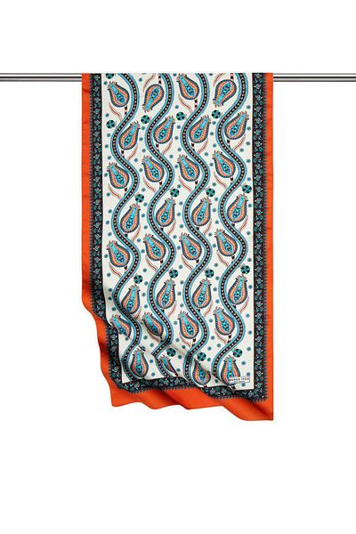 Bursa İpek Black Orange Row Tulip Pattern Narrow Silky Scarf