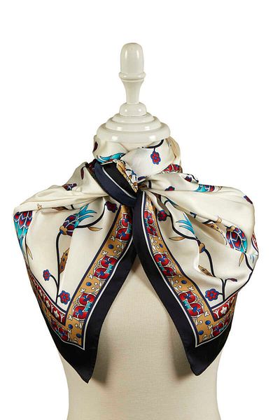 Bursa İpek Gold Black Row Tulip Pattern Large Silky Scarf