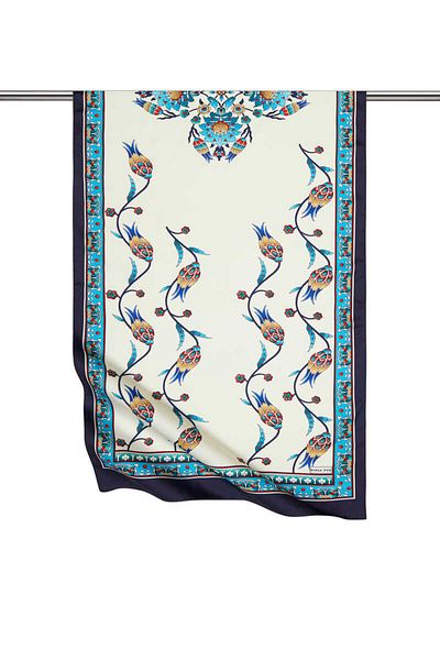 Bursa İpek Turquoise Navy Blue Row Tulip Pattern Large Silky Scarf