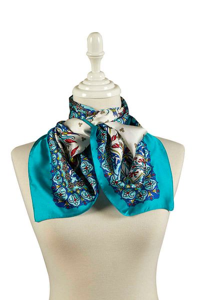 Bursa İpek Saks Green Tile Tulip Pattern Narrow Silky Scarf