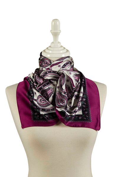Bursa İpek Black Purple Row Tulip Pattern Narrow Silky Scarf