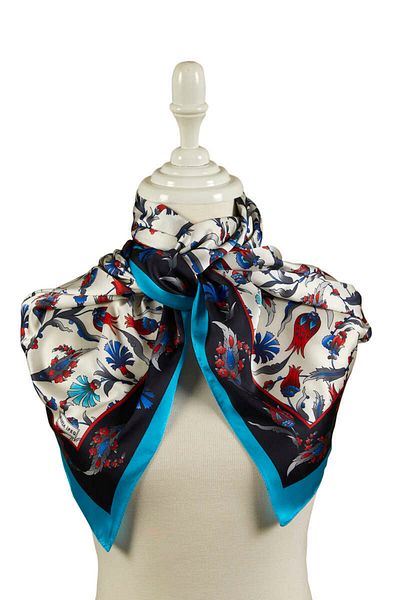 Bursa İpek Black Turquoise Carnation Tulip Pattern Large Silky Scarf