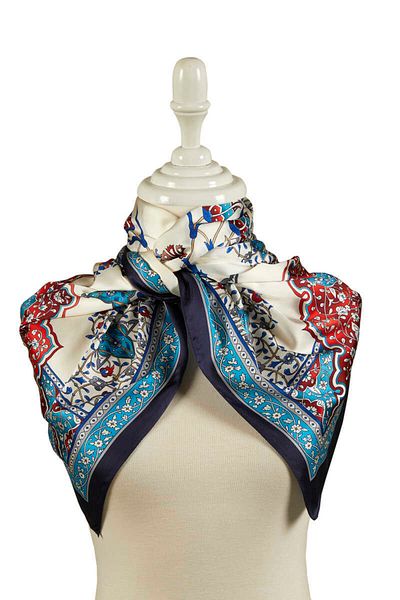 Bursa İpek Turquoise Navy Blue Candlestick Pattern Large Silky Scarf