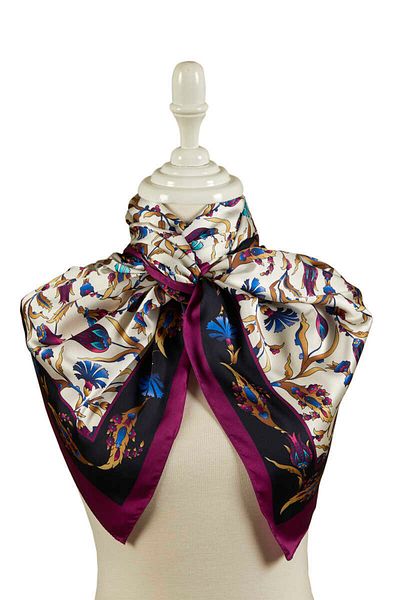 Bursa İpek Purple Black Carnation Tulip Pattern Large Silky Scarf