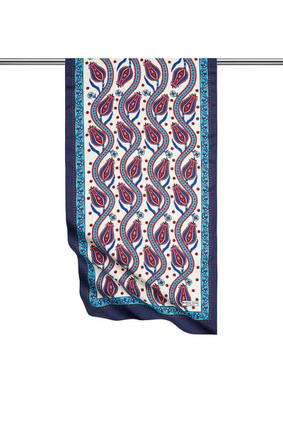 Bursa İpek Navy Blue Turquoise Row Tulip Pattern Narrow Silky Scarf