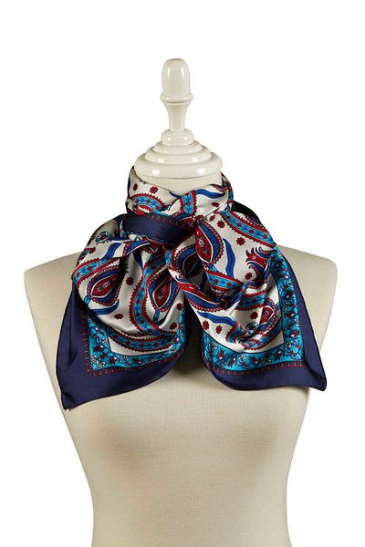 Bursa İpek Navy Blue Turquoise Row Tulip Pattern Narrow Silky Scarf