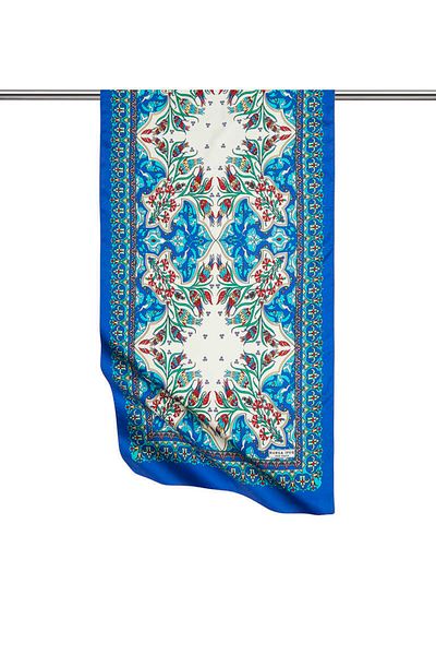 Bursa İpek Green Flower Pot Tile Pattern Narrow Silky Scarf