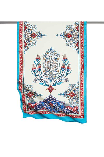 Bursa İpek Red Turquoise Candlestick Pattern Large Silky Scarf