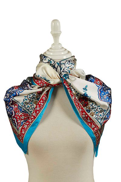 Bursa İpek Red Turquoise Candlestick Pattern Large Silky Scarf